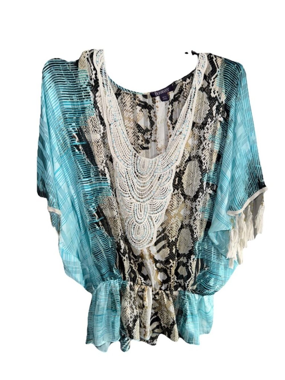ROAMAN'S Blouse Womens size 30/32 Tassel Flutter sleeves Snake Embroidered Y2K
